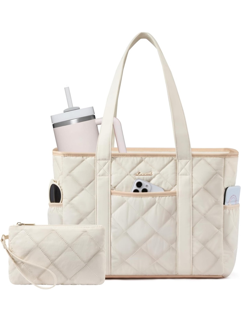 Quilted Cream puffer tote Bag with matching Wristlet